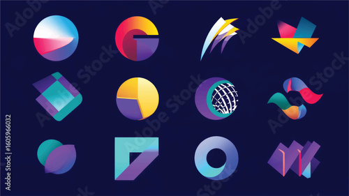 Collection of abstract geometric shapes in pastel colors on dark blue background.