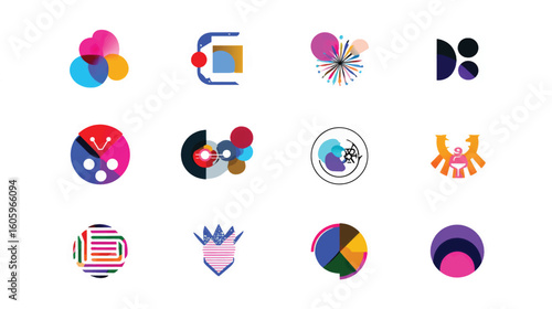 Collection of abstract colorful icons and logos on white background.