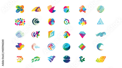 Collection of colorful abstract geometric shapes and icons.