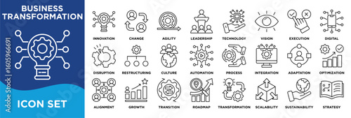 BUSINESS TRANSFORMATION icon collection set. Containing strategy, innovation, change, agility, leadership, vision, execution, digital, disruption, restructuring icon. Simple line vector.	