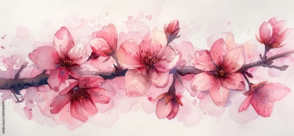 Fototapeta premium A watercolor painting of pink cherry blossoms on a branch, showcasing delicate floral beauty.