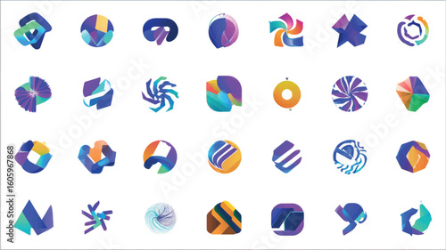 Collection of colorful abstract geometric shapes and icons.