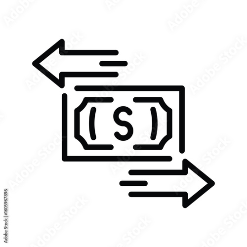 Stylized Dollar Bill with Arrows Indicating Money Transfer in Black Outline