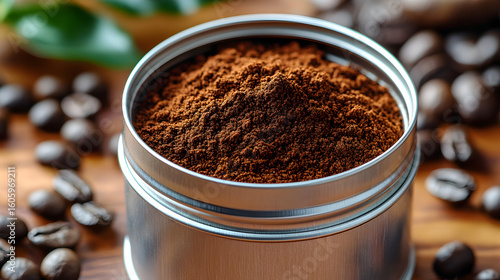 Wallpaper Mural Ground coffee in a metallic container, surrounded by coffee beans on a wooden surface. Torontodigital.ca