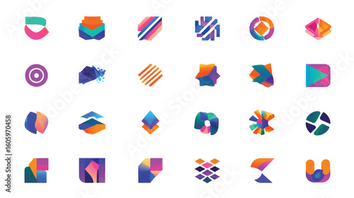 Collection of abstract geometric shapes and icons in vibrant colors.