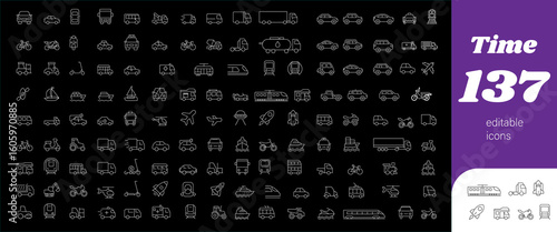Vehicle icon set | Icon set with aircraft, watercraft and land vehicle | Vector illustration in modern thin line style of vehicle-related white colour editable icons | Pictograms and infographics