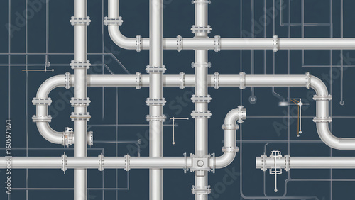Complex Industrial Pipeline System on Blueprint Background