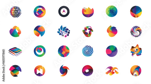 Collection of abstract colorful circular shapes and designs.