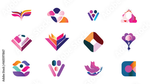 Collection of abstract colorful icons representing various concepts and objects.