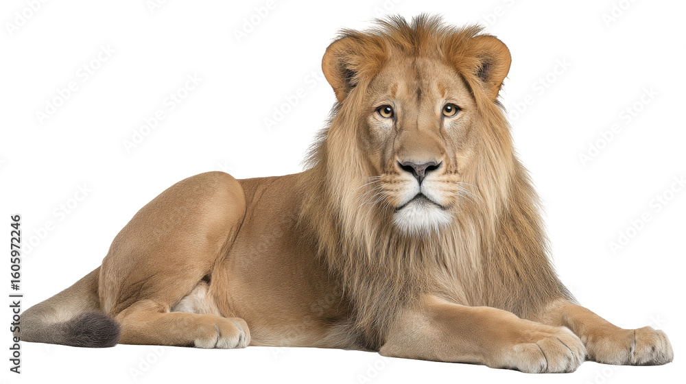 Obraz premium Lying lion isolated on transparent background with calm expression