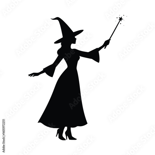 Silhouette of a Magical Witch Casting a Spell with Her Wand