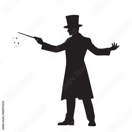 Silhouette of a Magician Performing Magic with Wand and Top Hat