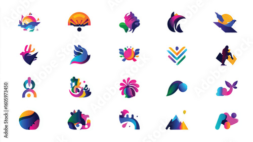 Vibrant Abstract Shapes and Logos in Various Colors.