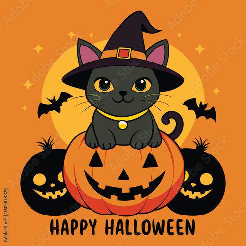 happy Halloween cat with pumpkin and witch hat vector illustration.