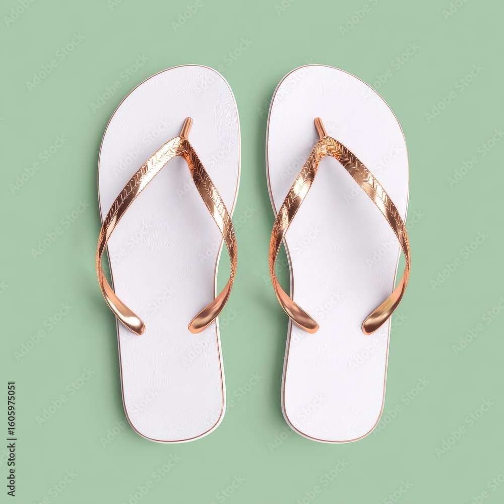 Fototapeta premium Pair of white flip-flops with rose gold straps