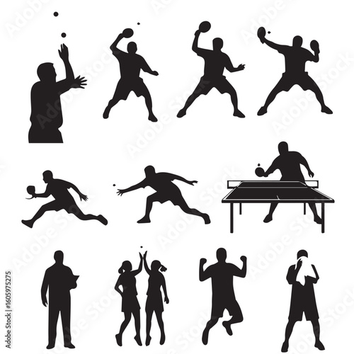 Dynamic silhouettes of ping pong players in action, perfect for sports designs