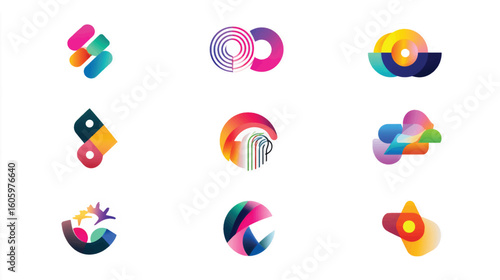 Set of colorful abstract geometric logos and icons.