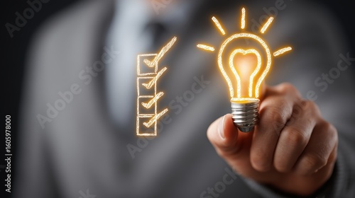 Person In Formal Attire Points At Illuminated Lightbulb And Checklist Graphic