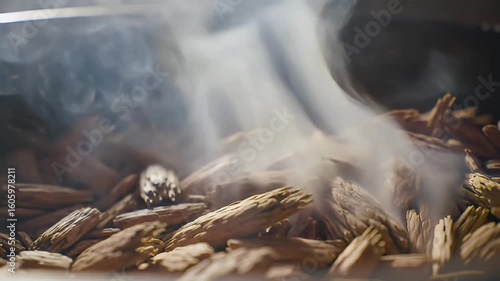 Aromatic chips smoking, with swirling white haze