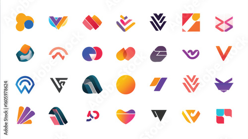 Collection of Modern Abstract Logos and Icons in Various Colors and Shapes.