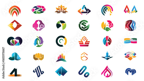 Collection of abstract colorful logos and icons in various shapes and designs.