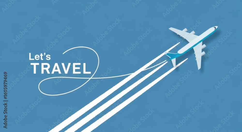 Fototapeta premium Lets travel, an airplane soars through the blue sky leaving a trail of white lines