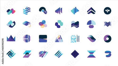 Collection of abstract geometric shapes and logos in various colors.