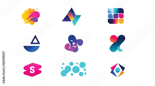 Collection of abstract colorful geometric shapes and icons.