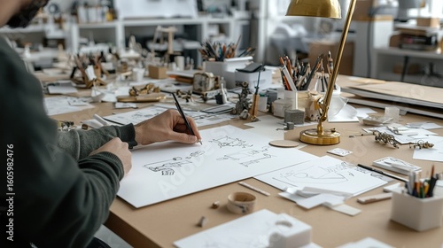 Close up of a designer's hand sketching on paper with a pen in a workshop surrounded by tools and models on a cluttered