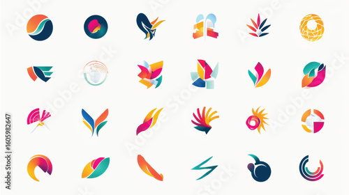 Vibrant abstract shapes and logos in a colorful collection.