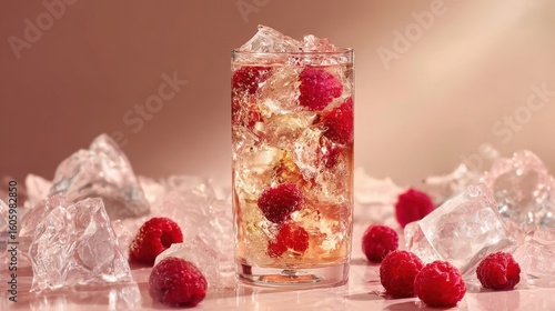 Refreshing Raspberry Drink with Ice Cubes in a Glass