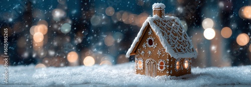 A cute gingerbread house in the snow, a Christmas decoration background, a panoramic view, a real photo style, a blue and white color scheme, product photography, a winter.