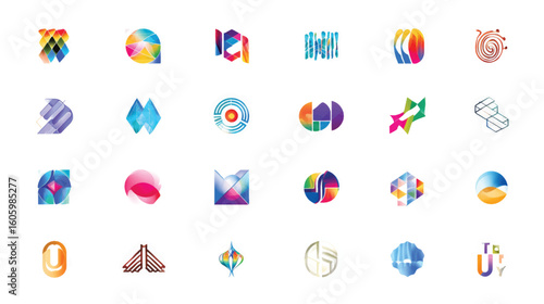 Collection of abstract colorful icons and logos on white background.