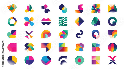 Vibrant abstract geometric shapes collection with colorful gradients and 3D effects.