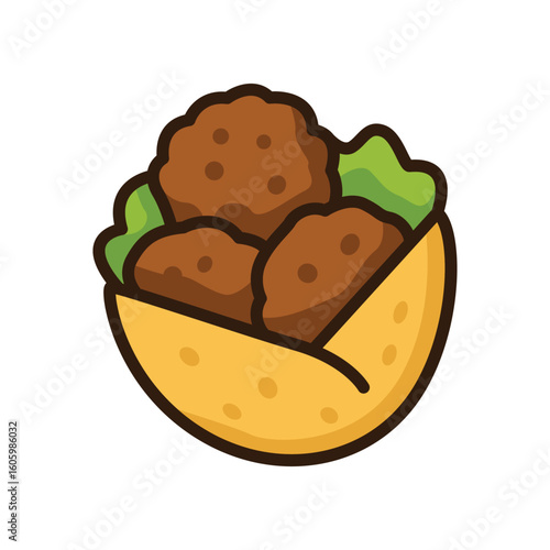 A cartoon icon of a falafel wrap with falafel balls and lettuce, representing a Middle Eastern street food.