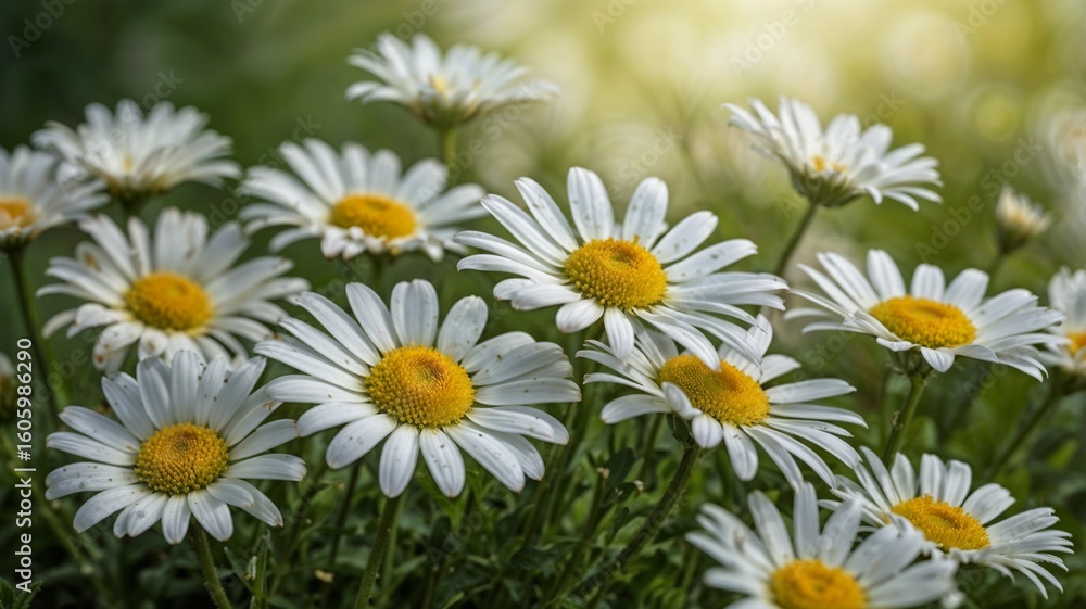 Fototapeta premium White daisy flowers, delicate blossoms in soft natural light on gentle green blurred background. Spring blooms flora, macro shot. Daisy petals, fresh vibrant nature, outdoors in full bloom