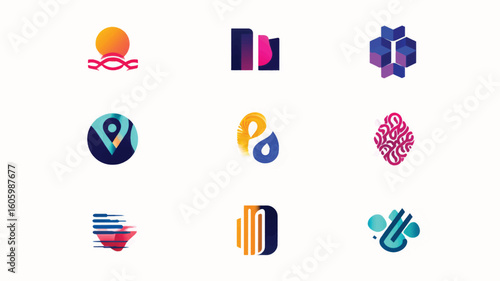 Collection of abstract colorful icons on white background.
