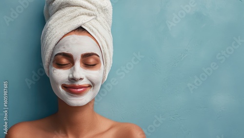 Woman with face mask and towel head relaxing indoors