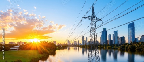A sprawling urban skyline with towering skyscrapers and a complex network of power lines and cables, symbolizing the technological advancements and rapid development of a modern metropolitan area.