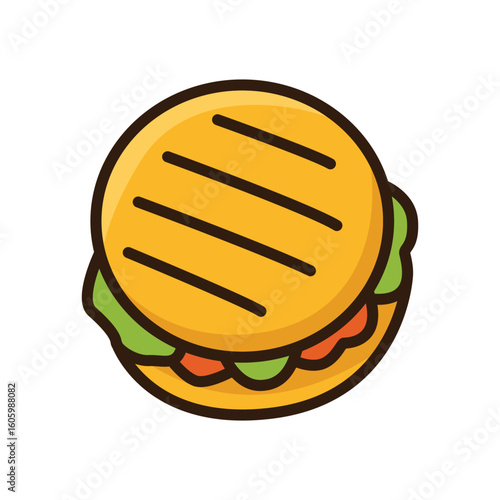 A cartoon icon of a hamburger with a patty, bun, and grill marks, representing a widely popular global street food.