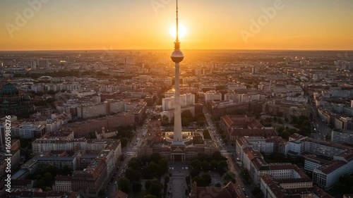 Aerial Berlin city view at sunset, featuring the iconic Television Tower and urban architecture