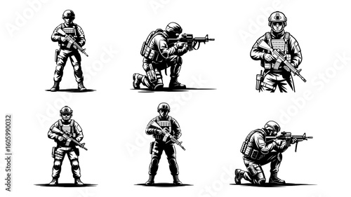 Six stylized illustrations of American soldiers in combat poses