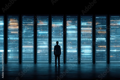 Silhouette of person in server room
