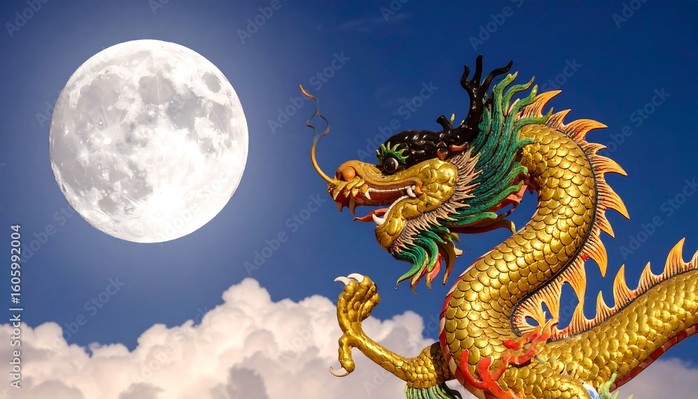 Fototapeta premium Dragon statue under moonlit sky