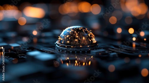 Glowing orange lights on a digital hemispheric object sitting on a dark futuristic circuit board with bokeh background