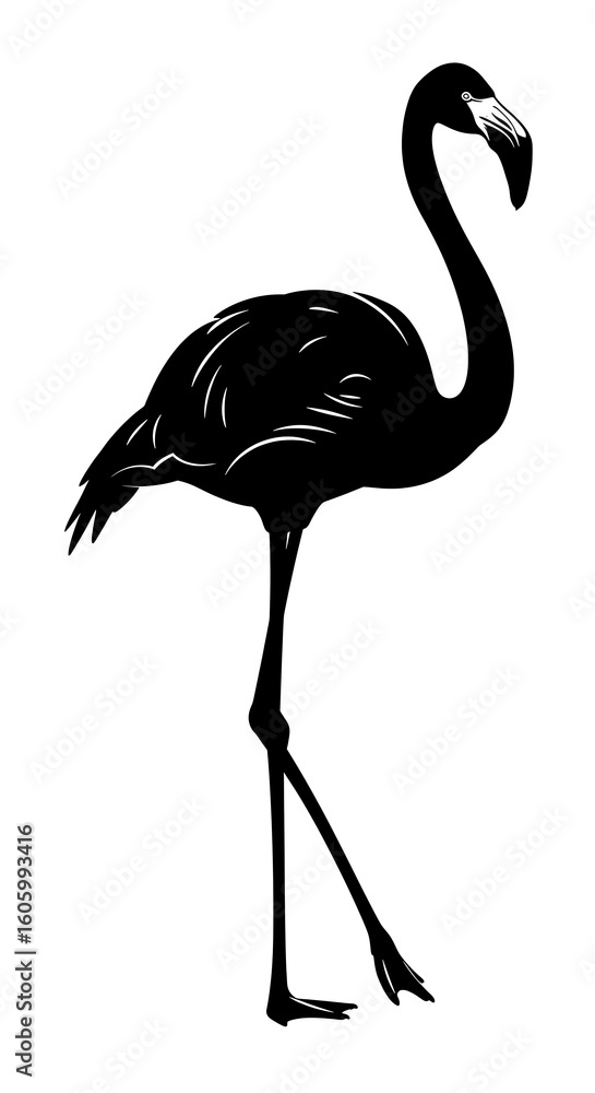 Obraz premium A striking black silhouette of a flamingo standing gracefully on a white background in stark contrast