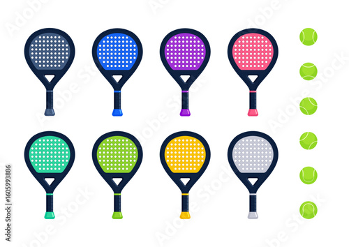 Set of colorful padel rackets with green tennis balls. Sport equipment, trending game, active lifestyle, activity, outdoor recreation concept. Flat vector illustration isolated on white background