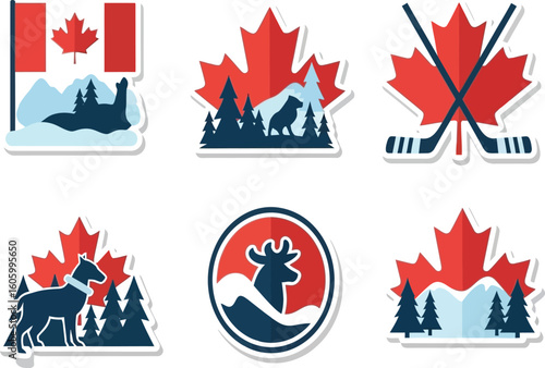 Canadian iconography stickers featuring flag, maple leaf, animals, and hockey sticks.