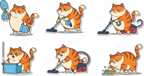 Six cartoon illustrations of an orange tabby cat cleaning with various tools like duster, vacuum, and wash basin.