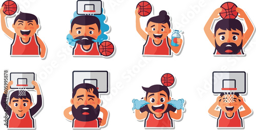 Eight cartoon basketball players with various expressions and poses, some holding or interacting with basketballs and hoops.